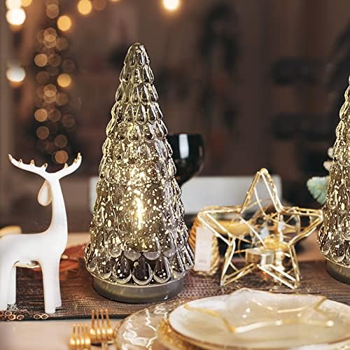 Silver Tabletop Christmas Tree 3pcs, Small Mercury Glass Christmas Trees with Light, Battery Operated Mini Xmas Tree for Fireplace Bathroom Decor 10"