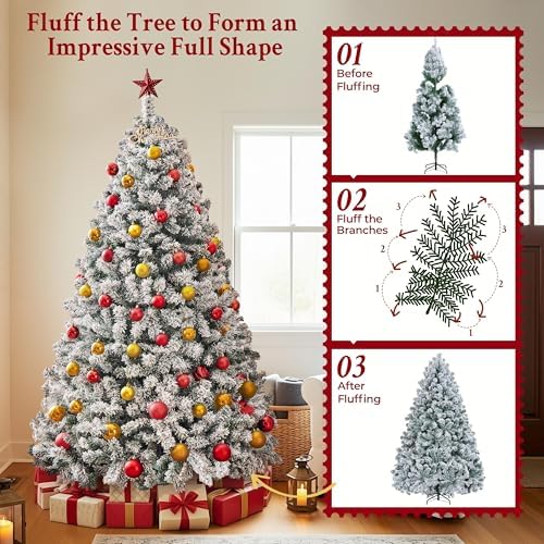 Yaheetech 6ft Pre-Lit Snow Flocked Artificial Christmas Tree, 250 Lights