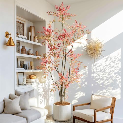 7.2ft Faux Bamboo Tree Artificial Nandina Tree Artificial Indoor Plants Realistic Fake Potted Tree with 800+ Leaves, Cement Planter - Home Office Decor Perfect for Housewarming Gift Non-Toxic