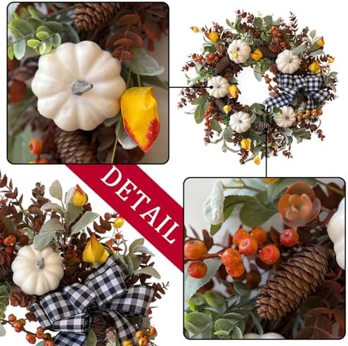 WANNA-CUL 24 Inch Farmhouse Fall Wreath for Front Door with White Pumpkins