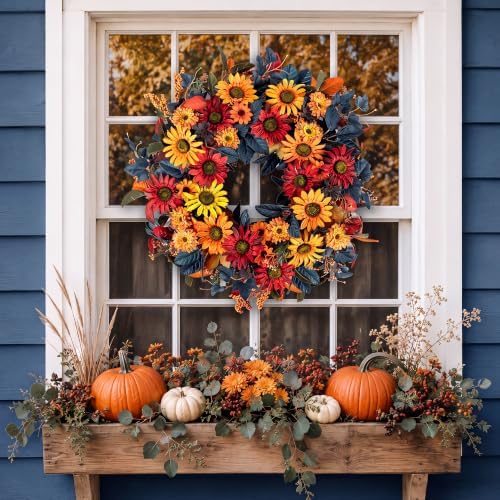 BLOSMON 24in Fall Wreaths for Front Door, Sunflower Fall Wreath with Hanger