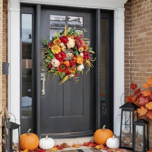24 Inch Fall Wreath for Front Door，Rustic Harvest Autumn Wreath