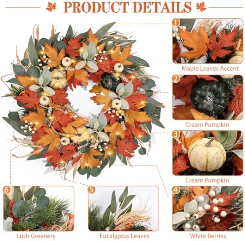 Realistic Fall Wreath with Lights/Timer 24 inch Fall Wreaths for Front Door with Pumpkins Autumn Wreath for Thanksgiving Outdoor Indoor Farmhouse Harvest Fall Decorations for Home Porch Decor