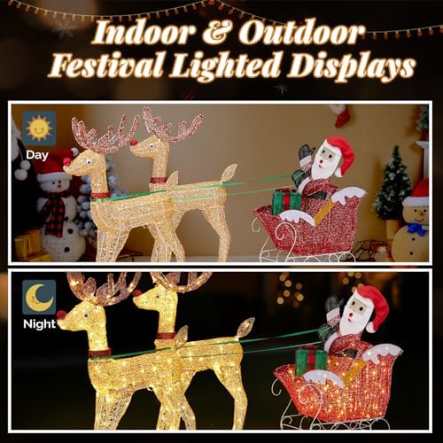 VINGLI 6FT Lighted Christmas Reindeer and Sleigh Outdoor Decorations, 2 Reindeer Pulling Santa’s Sleigh, Warm White LED Glitter Mesh Deer for Xmas Yard Lawn Garden Porch Holiday Decor