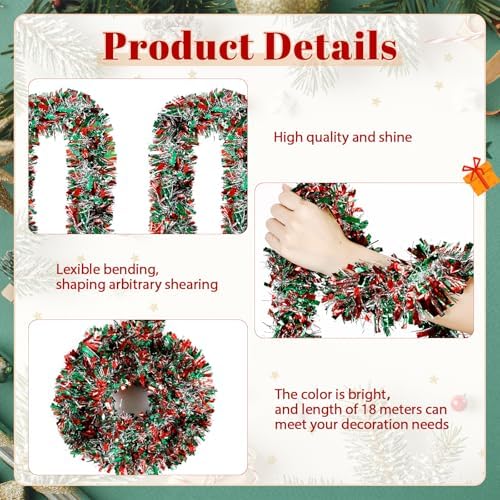 295 Feet Christmas Tinsel Garland, Red, Green, Silver