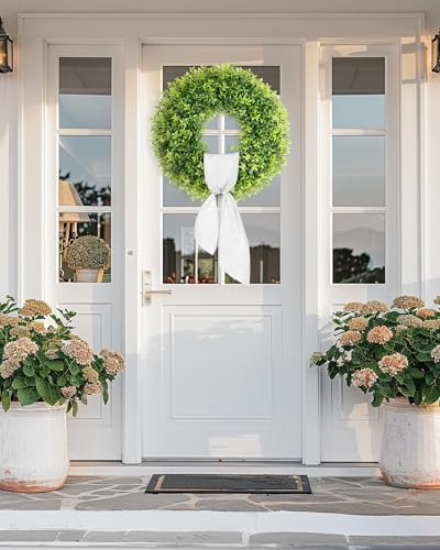 22 Inch Artificial Boxwood Wreaths for Front Door with Sash Outdoor Summer Wreath for Front Door, Spring Green Wreath UV Resistant Waterproof for Wall Window Porch Farmhouse Wedding Year Round
