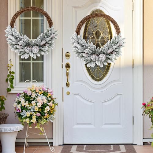 GOFLAME 24” Pre-lit Artificial Christmas Wreath, Snow Flocked Xmas Hoop Wreath with 35 LED Lights, 65 Branch Tips, 8 Natural Pine Cones, Timer, Battery-Operated Holiday Decoration for Window Wall