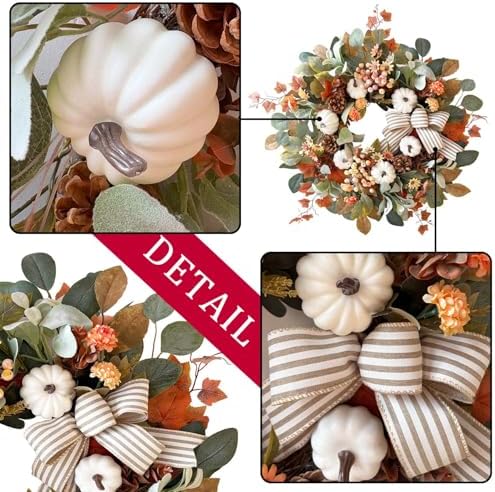 WANNA-CUL 24 Inch Farmhouse Fall Wreath for Front Door with White Pumpkin