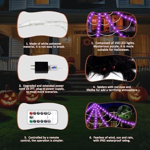 Halloween Decorations Outdoor, Spider Web Lights 250 LED Lighted Spider Web 16.4Ft Giant Halloween Decorations Light up, 8 Lighting Modes Waterproof & Timer for Indoor House Haunted Yard Decor, Purple