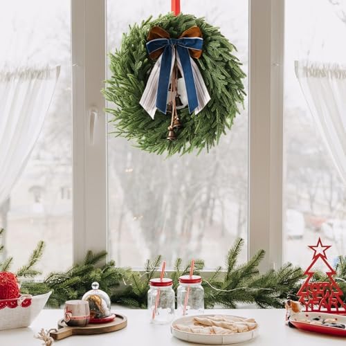Christmas Decor, 22" Norfolk Pine Christmas Wreath with Bells and Ribbon