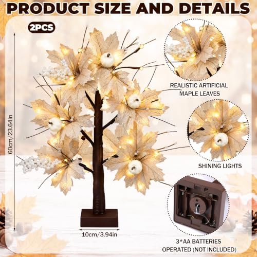 Baquler 2 Pcs Fall LED Lighted Birch Trees 24 in Gray White Leaf Fall Decor