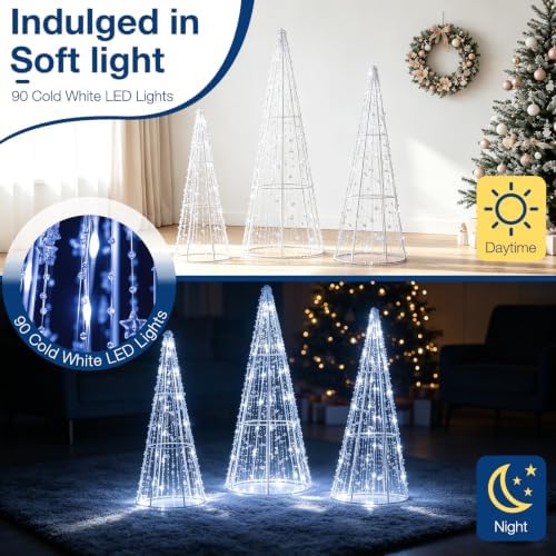 Tangkula Set of 3 Lighted Christmas Cone Trees with Cold White LED Lights