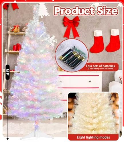 DEWUR Pre-Lit Artificial Christmas Tree, Warm White Lights, Colorful Lights, Includes Stand, 4 feet (White)