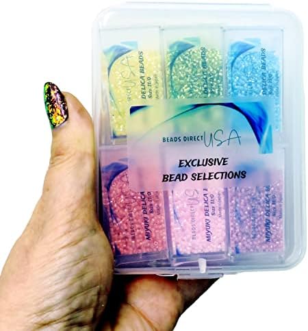 Set of 6 Colors - 60 Grams - Miyuki Delica Glass Beads Size 11/0 - Spring Collection, DB055, DB072, DB057, DB147, DB053, DB070 in Flip-Top Containers and Storage Box