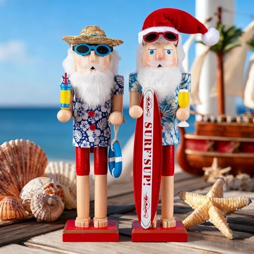15 Inch Christmas Nutcracker Wooden Summer Nautical Surfer Santa Nutcracker Figure Beach Tabletop Centerpieces Festival Florida Tropical Shelves Decorations (Surfboard+Swim Ring)