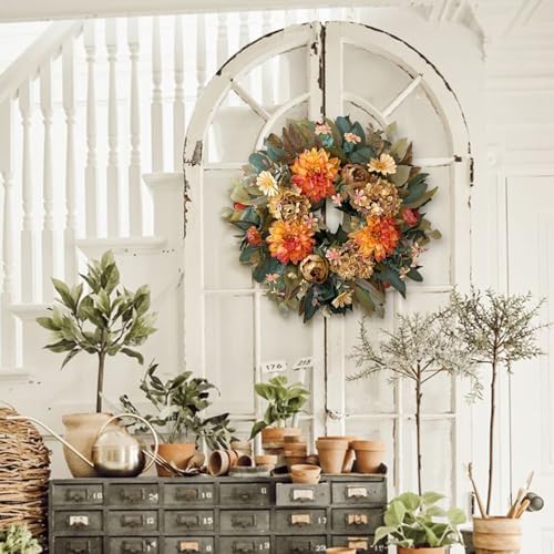WANNA-CUL 24in Fall Front Door Wreath Dahlia Hydrangea Peony Table Decor