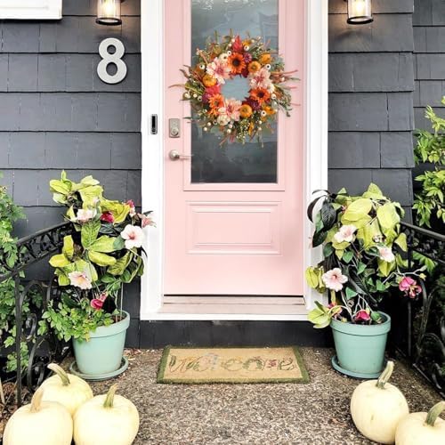24 Inch Fall Wreaths for Front Door Artificial Flower Wreath with Sunflowers Pumpkin Leaves Large Autumn Farmhouse Wreath for Inside Outside Wall Porch Harvest Thanksgiving Day Decor