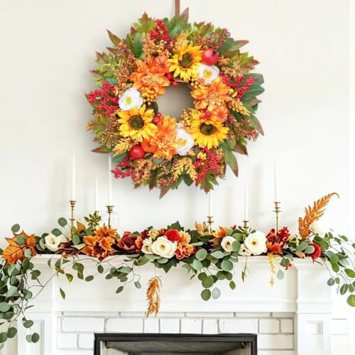 Fall Wreaths for Front Door, 24 Inch Autumn Wreath Luxury Harvest and Thanksgiving Indoor & Outdoor, Fall Door Wreath with Dahlias, Sunflowers,Peony&Pumpkins, Fall Wreath for Outdoor Wreaths