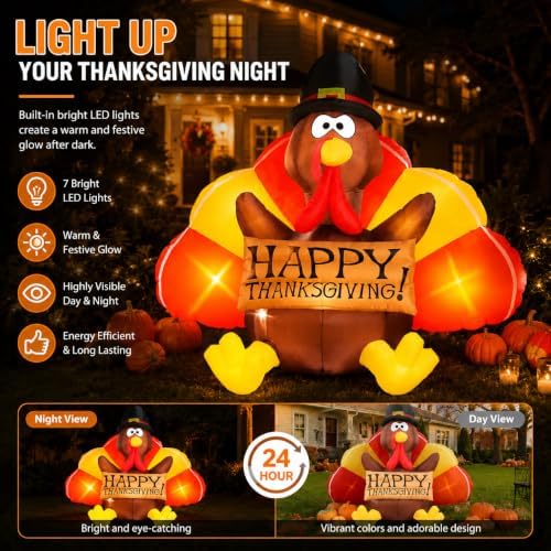 Danxilu 6 FT Thanksgiving Inflatables Turkey Outdoor Decorations with LEDs