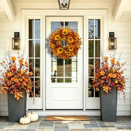 24 Inch Harvest Fall Wreaths for Front Door with Sunflower and Red Berries