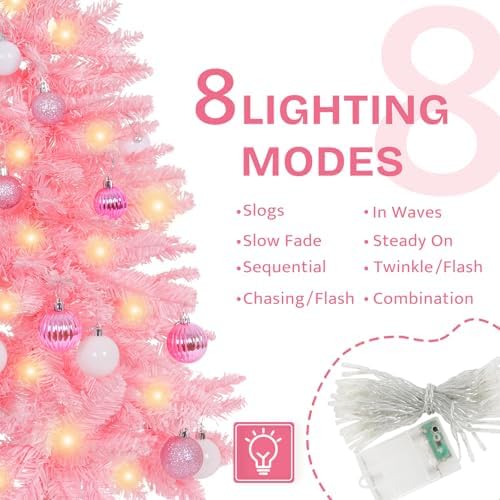 SUNSHINE DECOR Pink Christmas Tree with Light 3ft Artifical Full Christmas Tree with Ball & Star Ornaments 8 Lighting Modes for Holiday Decor