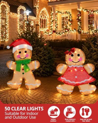 2-Piece Lighted 2D Gingerbread Man Christmas Decorations Outdoor with 50 L
