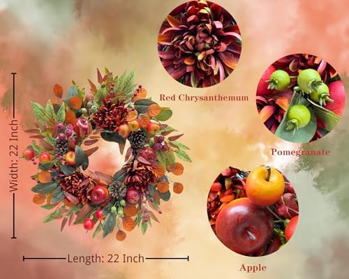 Svndlyn 22 Inch Fall Front Door Wreath with Faux Apples, Pinecones and Mums