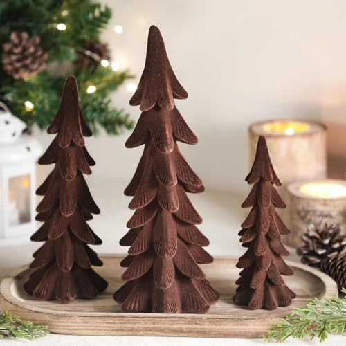 Cinnvoice 3 Set Velvet Christmas Tree Figurines, Brown