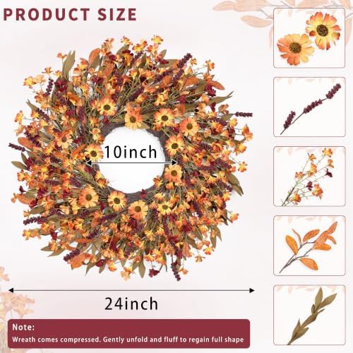Ghrdopy 24 Inch Fall Wreath Front Door, Artificial Daisy Decor