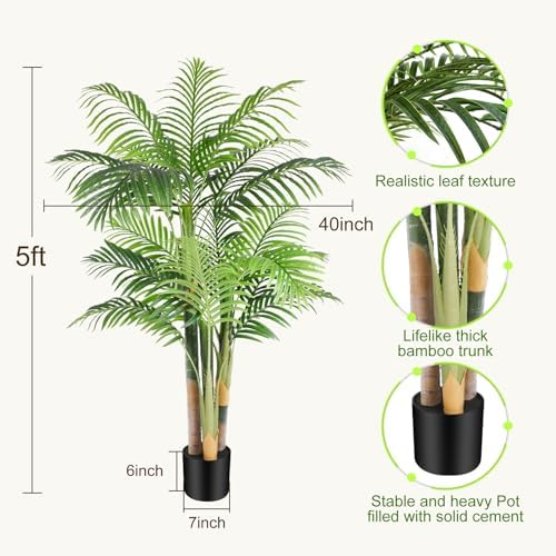 5ft Tall Triple Golden Cane Palm Artificial Tree Large Tropical Palm Tree UV Resistant Fake Plant in Pot for Indoor Outdoor Big House Living Room Outside Patio Office Home Decor 1Pack