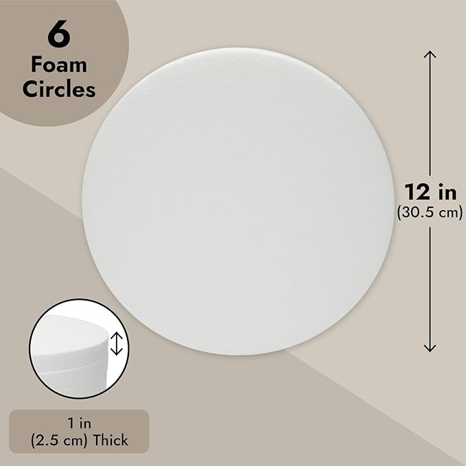 Juvale Thick Foam Discs - 12 x 12 x 1 In, White, 6-Pack - Circle Foam for Flowers Bouquet & DIY Craft Projects