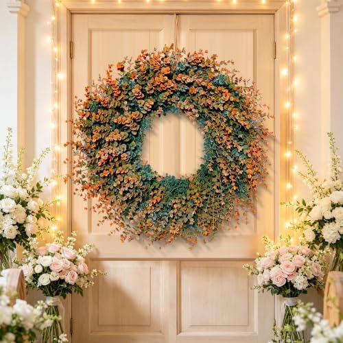 Fall Wreath for Front Door 26 inch Boxwood Wreath Eucalyptus Leaves