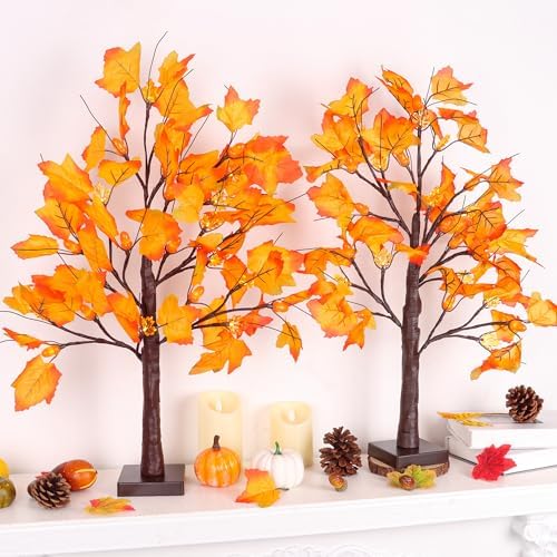 2 Pack 24 Inch Lighted Maple Trees with 48 LEDs & Timer, Fall Decorations for Home, Battery Operated Artificial Autumn Tabletop Tree with Acorns Maple, Indoor Fall Decor Thanksgiving Table Centerpiece