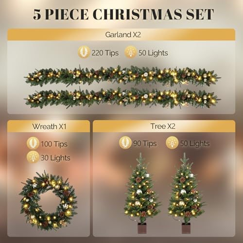 VINGLI Pre-lit 5-Piece Set Christmas Tree with LED Lights, Christmas Garlands, Wreath and Set of 2 Entrance Trees Artificial Christmas Porch Decorations, Gold