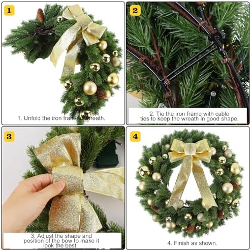 Hausse 21" Lighted Christmas Wreath with Metal Hanger, Pre-lit Xmas Folded Wreath with LED Lights, Golden Bow & Balls, Battery Operated & Timer for Front Door Gate Wall Holiday Party Decor