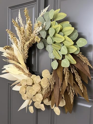 24" Fall Wreath for Front Door, Faux Leaves Corn Husk Autumn Wreath