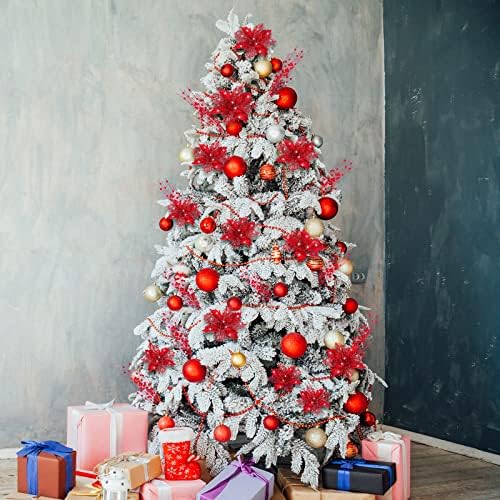 48 Pcs Christmas Picks Poinsettia Flowers Berry Glitter,Red