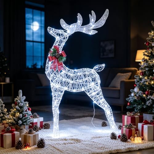 Tangkula 4.4 FT Christmas Lighted Reindeer, Outdoor Christmas Decorations