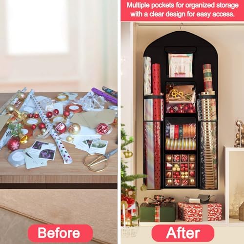 Hanging Wrapping Paper Organizer Storage, Over Door Gift Wrap Storage Bag