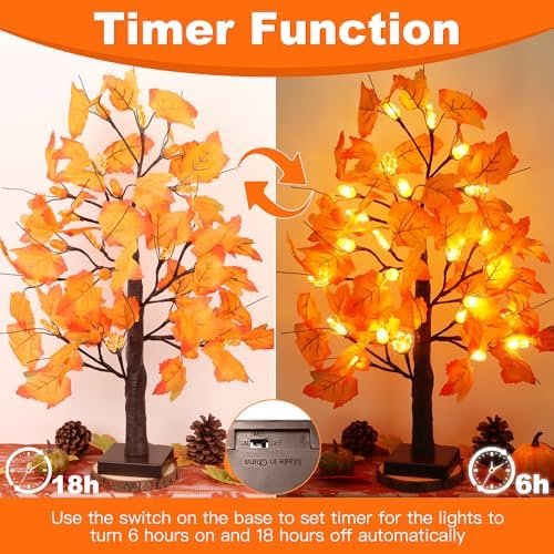 2 Pack 24 Inch Lighted Maple Trees with 48 LEDs & Timer, Fall Decorations for Home, Battery Operated Artificial Autumn Tabletop Tree with Acorns Maple, Indoor Fall Decor Thanksgiving Table Centerpiece