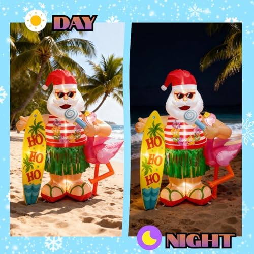 6FT Christmas Inflatable Hawaiian Santa Claus with Flamingo and Surfboard Outdoor Decoration, Tropical Blow up with Build-in LEDs for Indoor Outdoor Xmas Party Garden Yard Lawn Decor