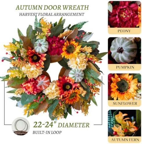 Harvest Fall Wreaths for Front Door Outside 24 Inch Autumn Magnolia Wreath