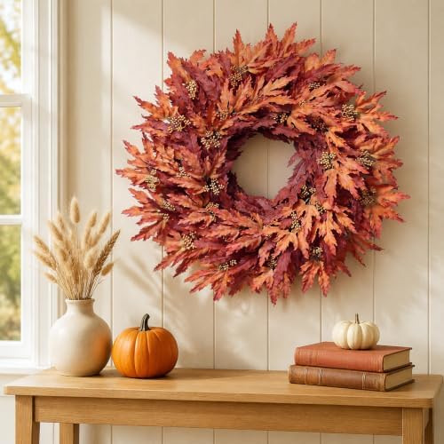 26" Artificial Fall Maple Leaves Wreath for Front Door Decoration (Orange)
