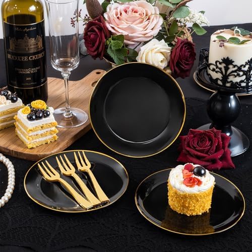Festiva 400Pcs Black Gold Dessert Plates 6.3" with Forks 5"- 200PCS Small Disposable Dessert/Cake/Appetizer Plates and 200PCS Forks - Serve 200 Guests for Birthday Party& Wedding