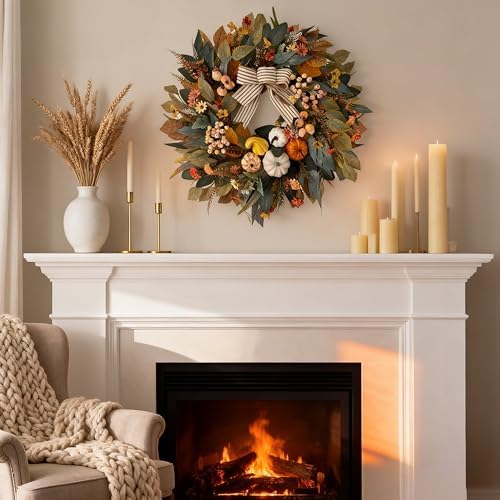 HipTree 24 Inch Fall Wreath for Front Door,Pumpkin Wreath Farmhouse Decor