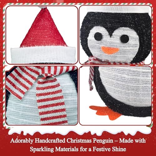 27.5-Inch Lighted Christmas Penguin for Outdoor Christmas Decorations, Pop-Up Penguin Yard Decor with 45 Cool White LEDs, Battery-Operated Timer, Collapsible Metal Frame for Porch and Lawn
