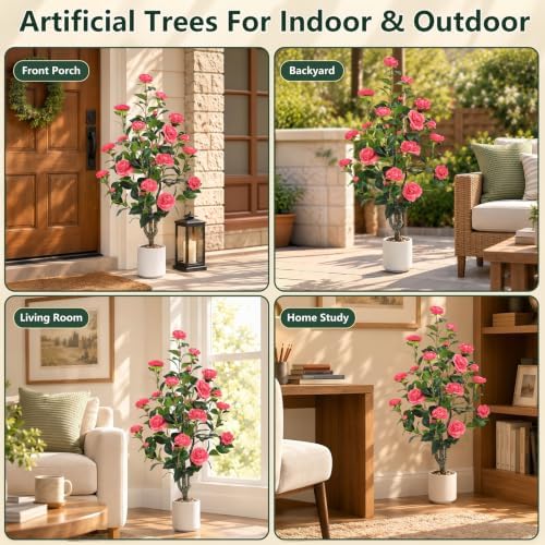 UPBUD Artificial Camellia Tree 2 Pack, 3.6FT Tall Fake Camellia Plant