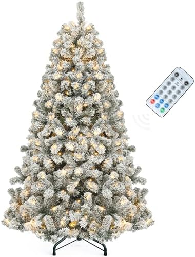 YITAHOME Prelit Snow Flocked Artificial Full Christmas Tree 6ft with Remote Control, Christmas Pine Tree with 11 Light-Modes, 1000 Branch Tips, Foldable Base for Home, Party Decoration