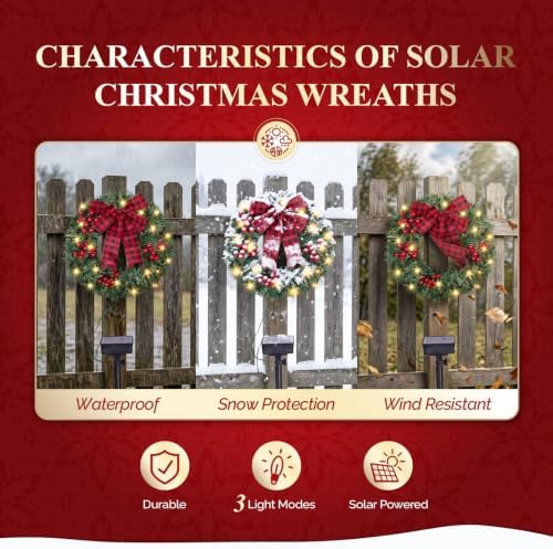 VINGLI 14 Inch Solar Christmas Wreath 3 Pack with 60 LED Lights, Red Bow
