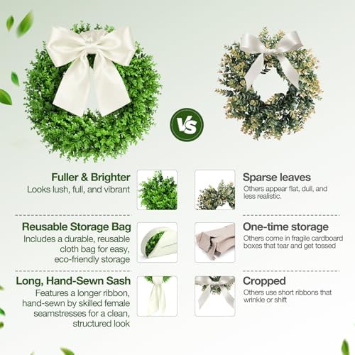 24" Boxwood Wreaths for Front Door – Large Boxwood Wreath with Sash